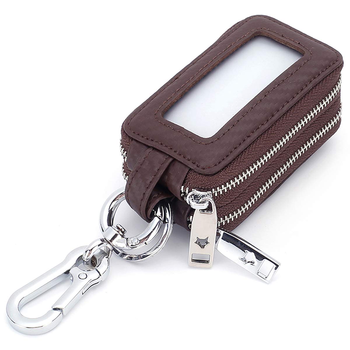Car Key Case Wallet Aileder Genuine Leather Car Keyring Purse Keychain Holder Metal Hook and Window Double Zipper Bag for Remote Key Fob (Dark Brown)