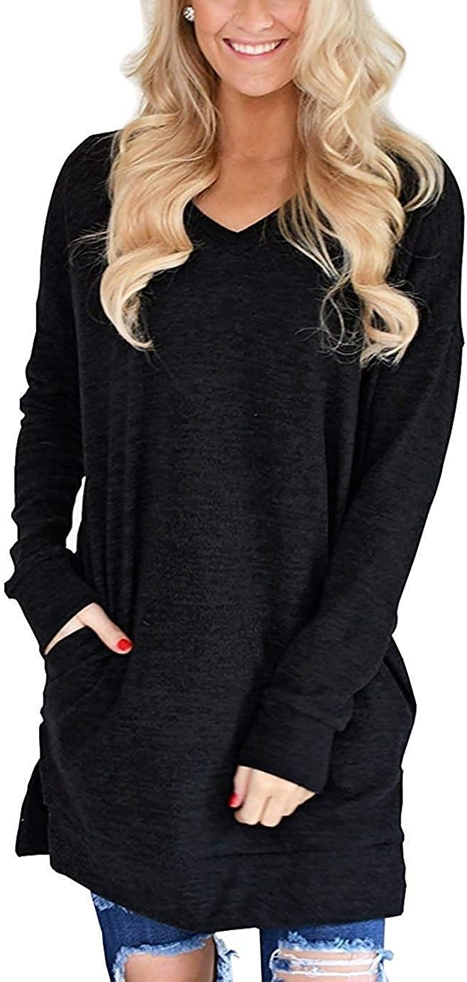Oritina Womens Casual Long Sleeves Solid and Leopard Print V-Neck Tunics Shirt Tops with Pockets