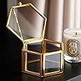 WHSLILR Vintage Glass Jewelry Box - Hexagon Gold Glass Keepsake Box for Storage Ring Earring Trinket, Jewelry Organizer and Decorative Gift for Women and Girls