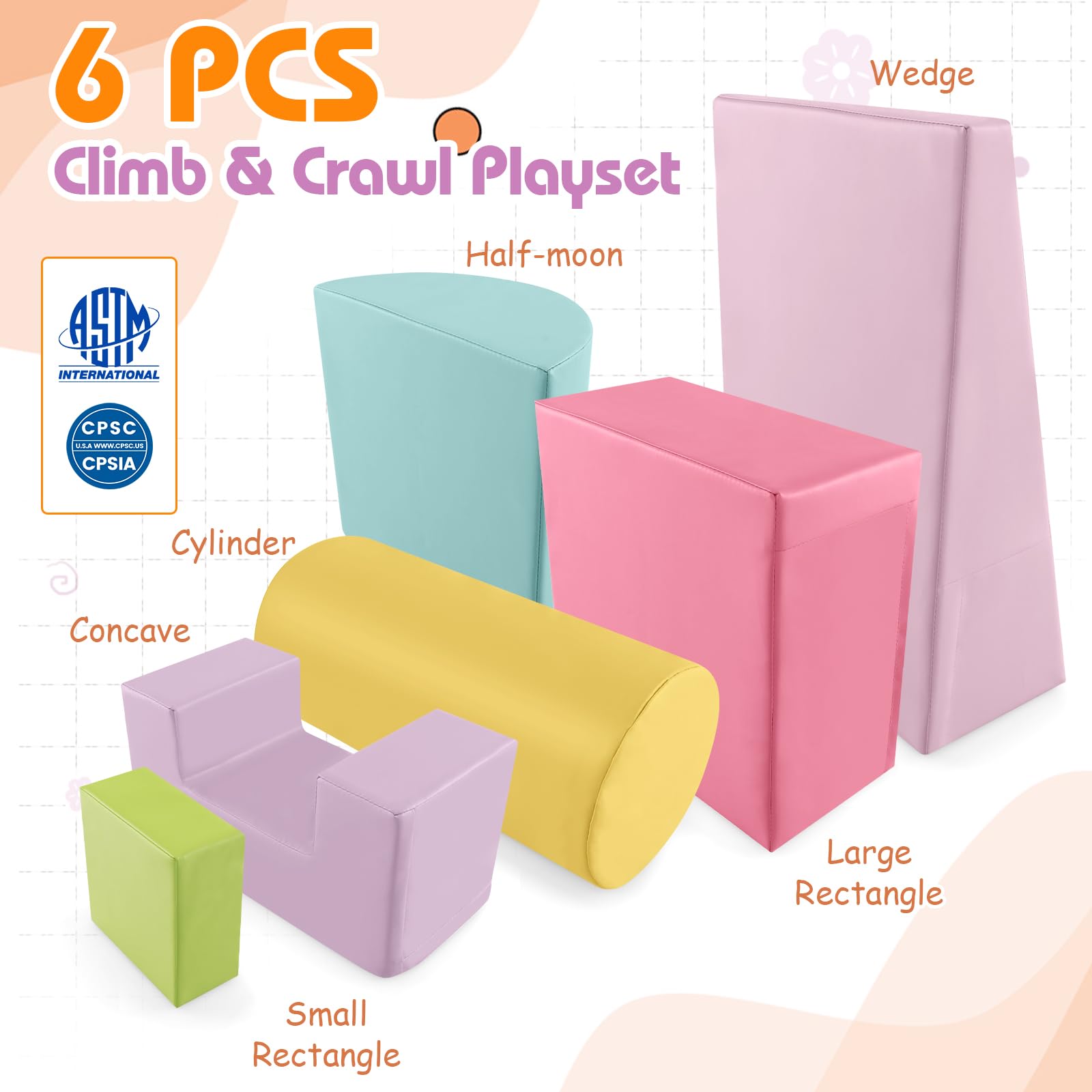 Costzon Toddler Climbing, 6 Pieces Climb and Crawl Playset with PU Cover for Baby Crawling, Climbing & Walking, Indoor Foam Climbing Blocks for Toddlers 1-3, Light Pink