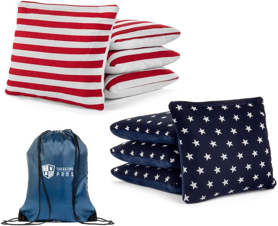 Tailgating Pros Pro-Style Two-Sided Cornhole Bags Stars w/Navy Suede Stripes w/White Suede & Bag Tote - Slick & Stick - All Weather - Set of 8