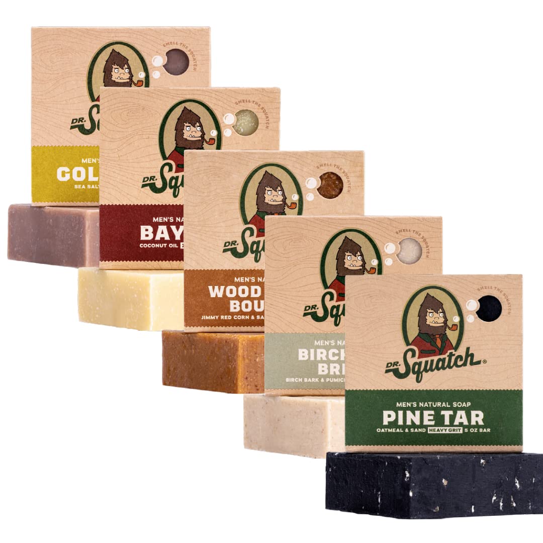 Dr. Squatch Natural Men’s Bar Soap Gift Set - Cold Process Body Soap Bar with Natural Oils - Gifts for Men - Wood Barrel Bourbon, Bay Rum, Gold Moss, Pine Tar, Birchwood Breeze (142g, 5 pack)