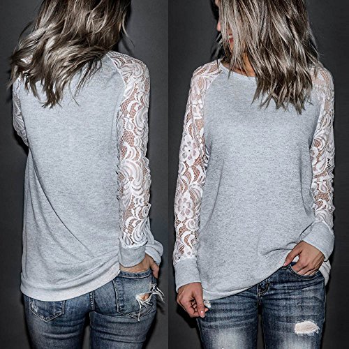 Orangeskycn Fashion Womens Casual Lace Long Sleeve Pullover Crop O-Neck T-Shirt Blouse Tops (Gray, M) - Thumbnail 2
