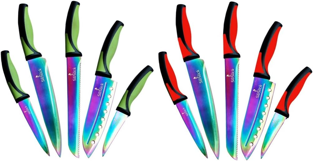 SiliSlick Kitchen Knife Set (Cuchillos De Cocina) - 5 Colorful Rainbow Titanium Coated Knives - Chef Knife Quality - Perfect Boning, Paring, Bread, Vegetable and Carving Knife Set - Gift for Men