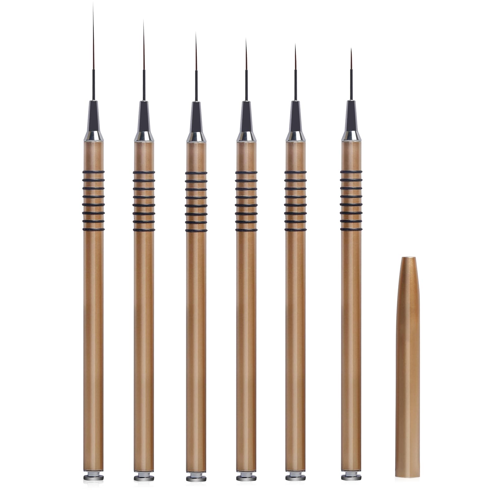 6Pcs Nail Art Brushes Set Nail Striper Brushes, Fine Line Nail Art Brush for Long Lines Tiny Details Fine Drawing Delicate Coloring, Gold Metal Handle Nail Liner Brushes Sizes 5/7/9/11/20/25mm