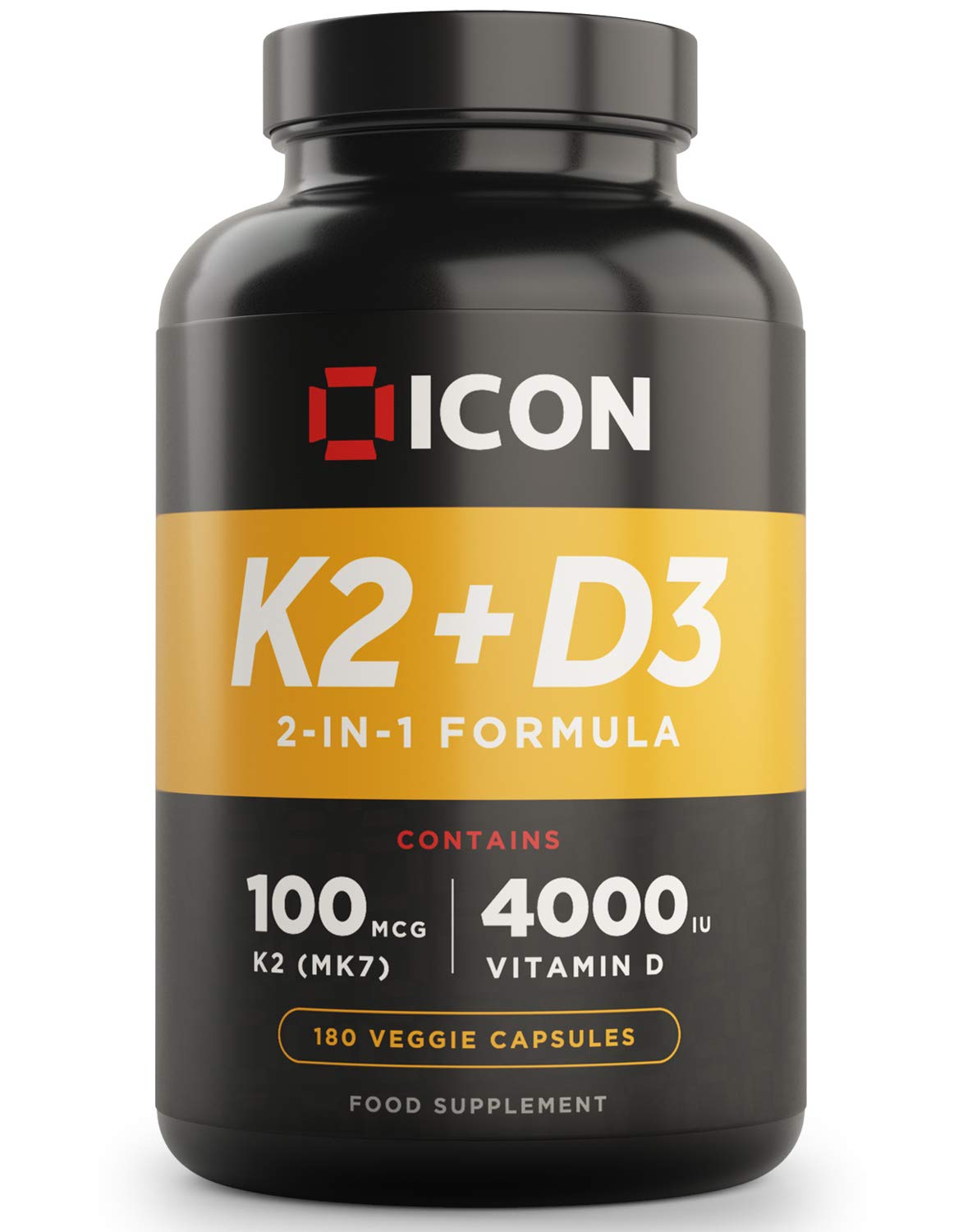 ICON Nutrition Vitamin K2 D3 Supplement, Vitamin D3 4000 IU and K2 Vitamin 100μg MK7 Capsules, Vegetarian Supplement, High Strength, Bone & Immune Health - 180 Count (6 Month Supply)