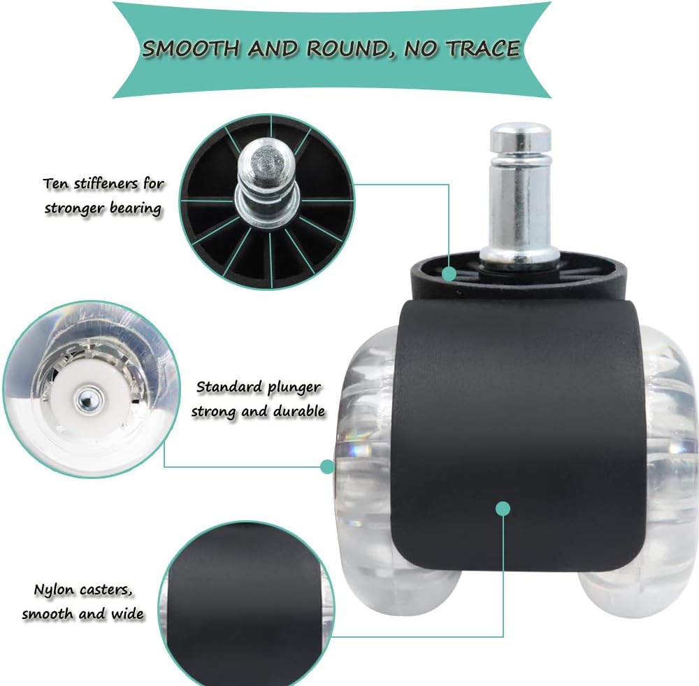 Office Chair Caster Wheels, 2 inch Double Wheel Transparent casters, Newly Revolutionary Ball Bearing Design, Soft Rubber Caster Heavy Duty Safe Protection for All Floors Set of 5 : Office Products