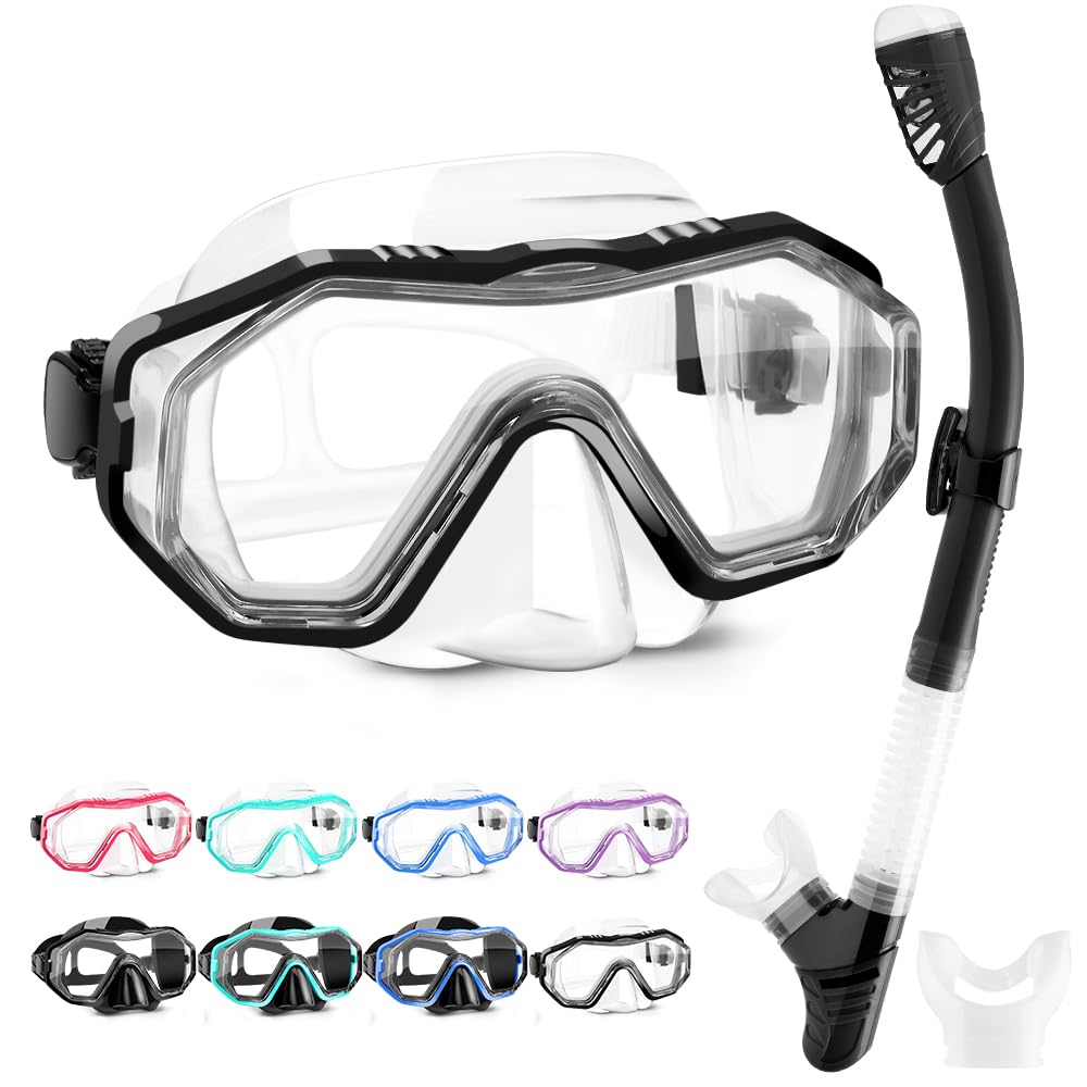 HINATAA Dry Snorkel Set,Multi-Colors 180° View Anti-Fog Diving Goggle and Silicone Anti-Leak Dry Snorkel Tube,Profession Snorkeling Gear, Easy Breath Snorkel Mask for Adult and Teenagers (Black White)