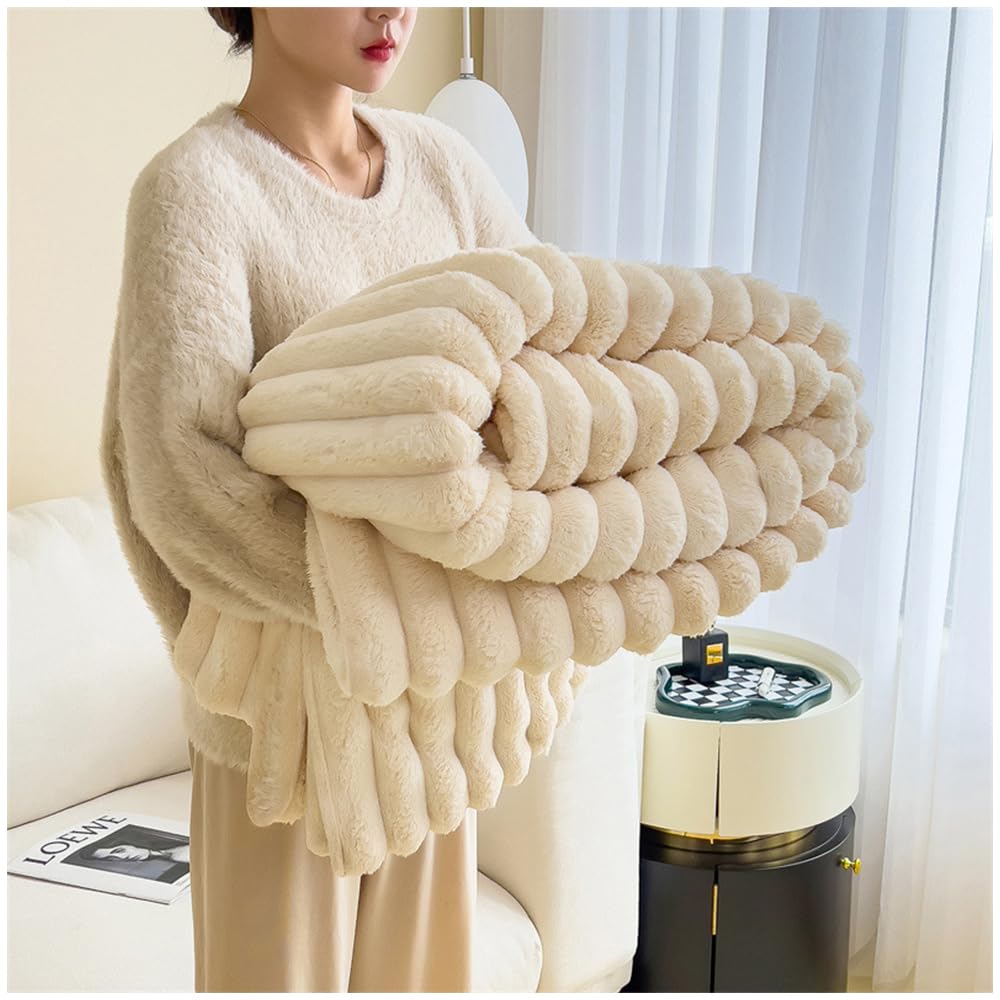 NUODWELL Soft Fluffy Throw Blanket, Super Cozy and Warm Fleece Blanket Rabbit Plush Double Thickness Blanket for Bed Sofa Couch Chair (Creamy White, 200 * 230cm)