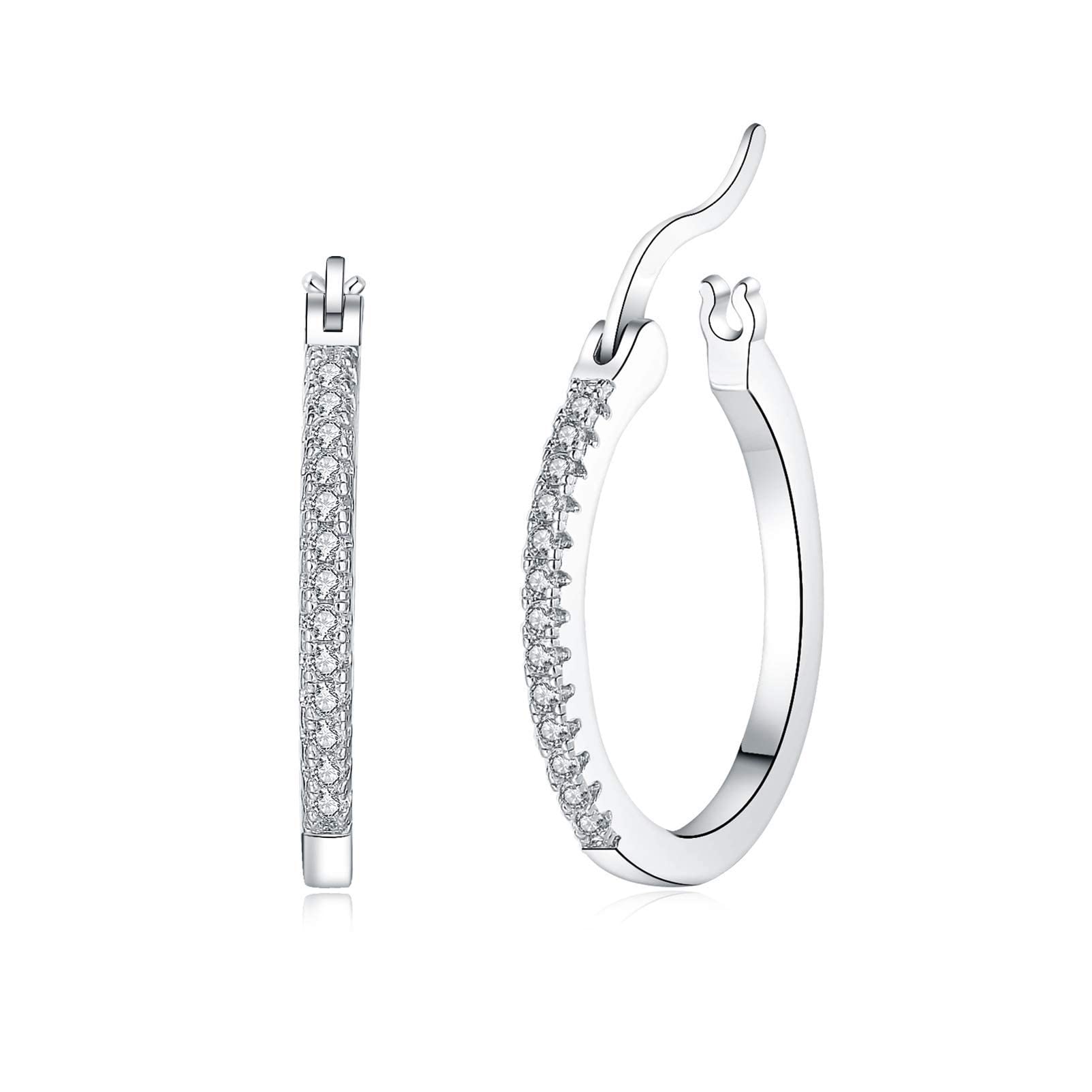 RoseJeopal 925 Sterling Silver Post Hoop Earrings for Women Girls, White Gold Cubic Zirconia Hinged Huggies Hoops, Hypoallergenic Small Sleeper Earrings, Birthday Jewellery Gift, 20mm