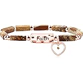 Mayfaith Heart Mustard Seed Charm Elastic Cord Strand Bracelet for Christian, Religious Rectangular Bar Stone Beaded Faith Bracelet for Women YA4856