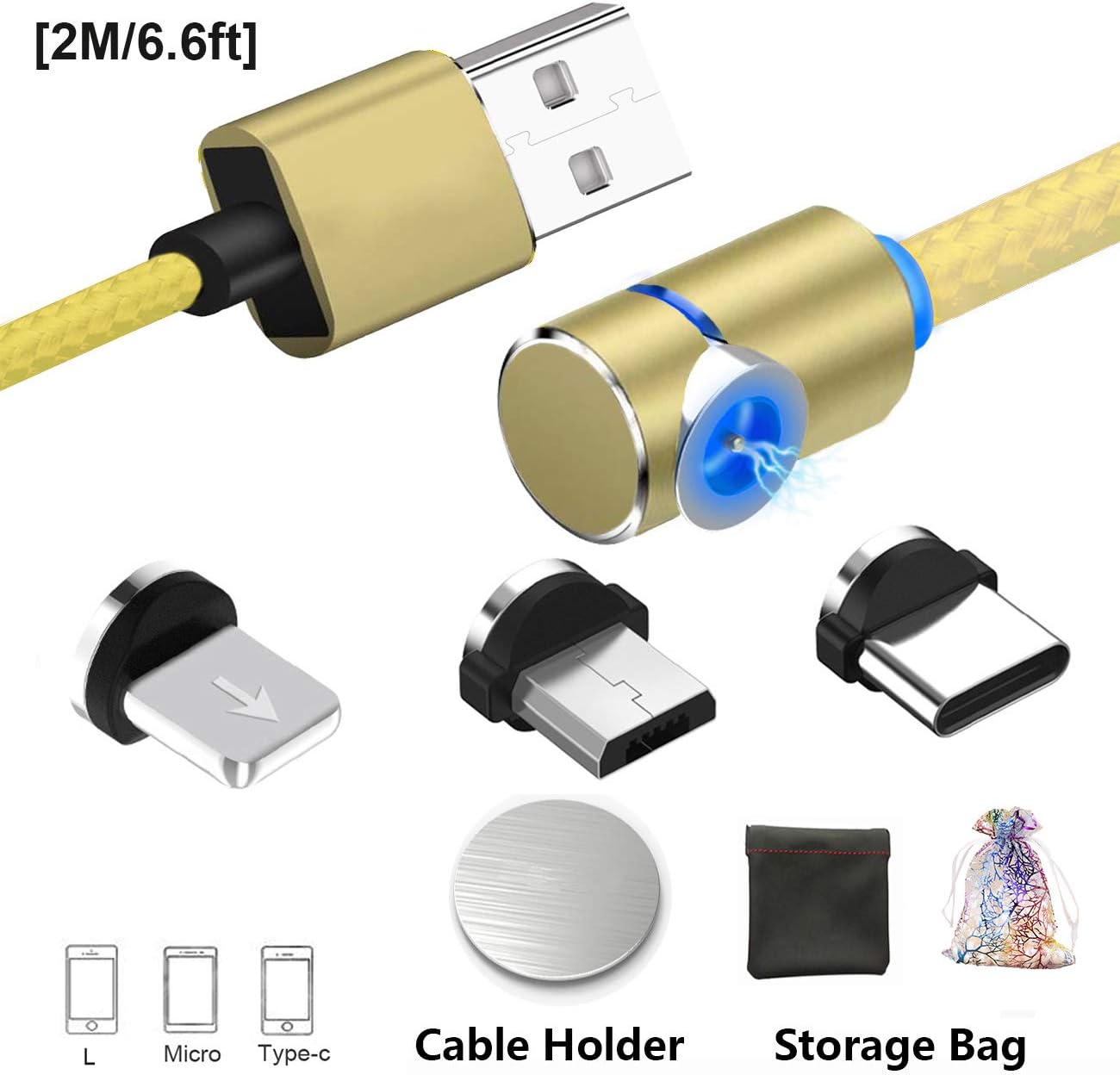 Magnetic Cable Magnet USB Charging Cable,Micro USB Type C Lighting Charger Cable/Cord with LED for Android/Phone -No Sync Data 2m 6.6ft