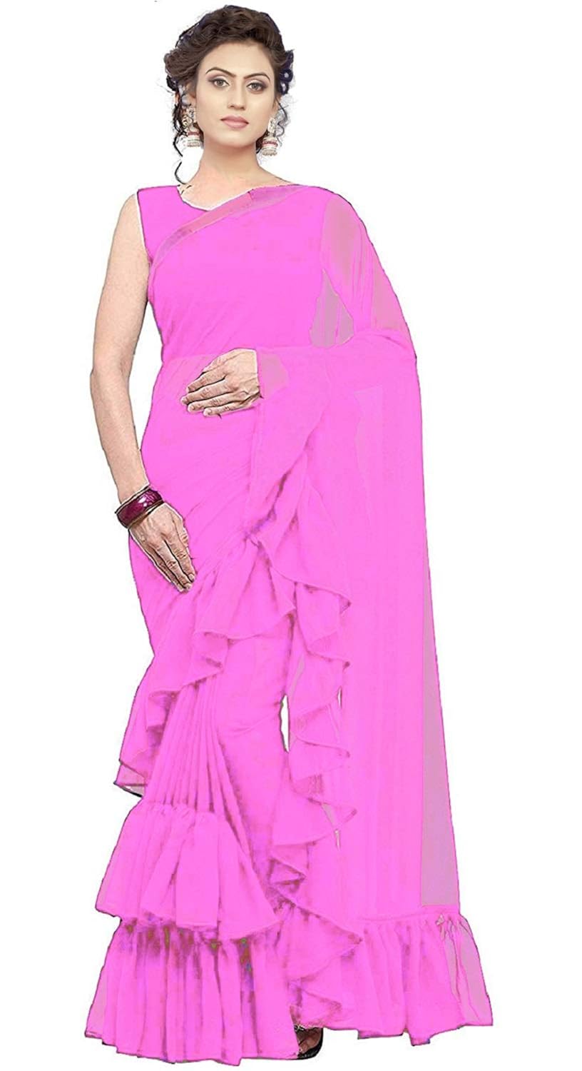 nena fashion women's georgette solid ruffle saree