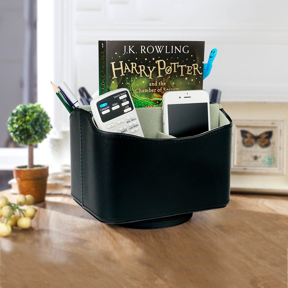 Nuheby Remote Control Organizer Media Faux Leather Spinning Caddy Holder 360 Degree Rotating Desk Storage - Black