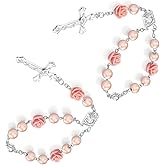 Bawkars 2 PCS Car Rose Rosary for Rearview Mirror, Auto Rosary Religious Car Mirror Hanging Accessories, Personalized Blessing Cross Pendant Decorations (Pink)