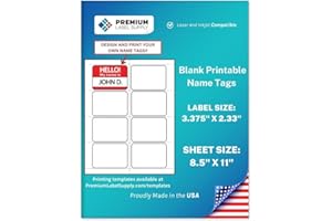 Premium Label Supply Blank Printable Name Tag Stickers - 2-1/3" x 3-3/8" - Laser/Inkjet Compatible – (8 per Sheet), 25 Sheets – 200 Total Adhesive Name Tags