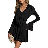 Elyndra Women’s Sexy V Neck Ruffle Mini Dress Long Bell Sleeve A Line Flowy Fit and Flare Party Cocktail Short Dress