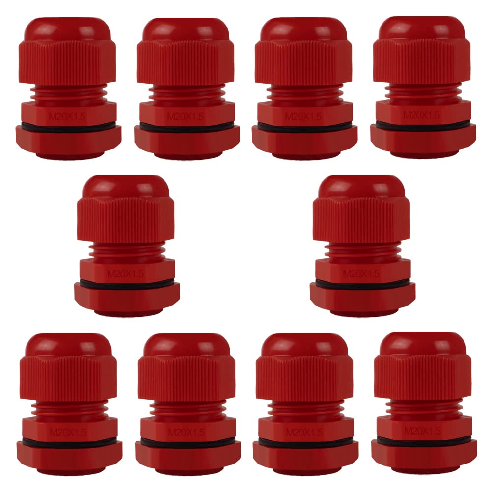 10 Pack M20 20mm IP68 Waterproof Red Cable Glands, Suitable for 6mm - 12mm Cables, Plastic Nylon Compression Glands Connectors with Locknut and Washer - AVARTEK