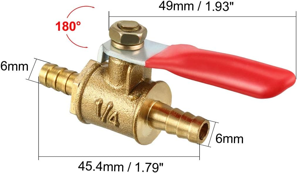 sourcing map 6mm Brass Barb x Barb Mini Ball Valve, 180 Degree Operation Handle 5 Pcs, 6mm Barb x Barb, 5 Pack - Image 3