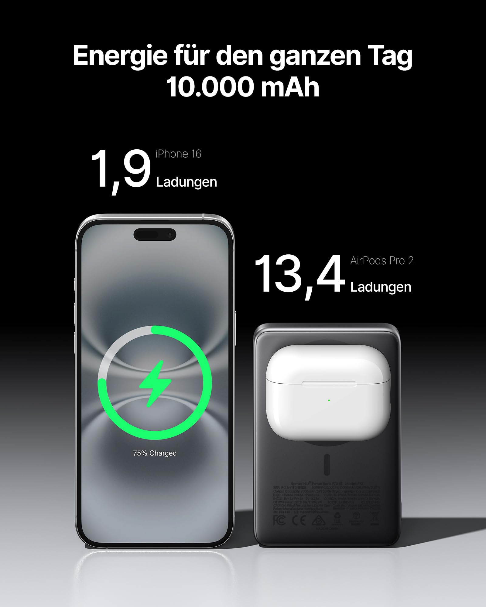 INIU Powerbank für MagSafe, Original Qi2-zertifiziertes Kabelloses Schnellladen, Ultra-schlank 10000mAh 45W Powerbank mit USB-C-Kabel & Ständer, Reise-Essential Magnetische Akkubank für iPhone 12-17 6