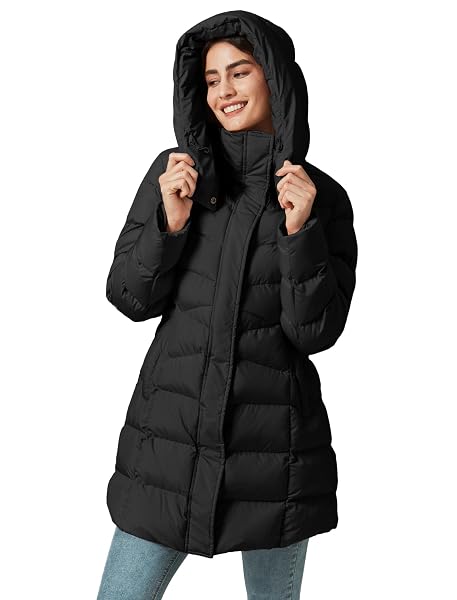 PUREPEAR WOMEN’S WINTER WARM LONG PUFFER JACKET DETACHABLE HOOD QUILTED THICKEN COATS BLACK M