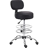 KLASIKA Drafting Chair with Backrest, Adjustable Foot Rest Height Rolling Stool with Wheels, Leather Swivel Work Shop Office Stools Chairs, Thick Seat Cushion Tall Kitchen Home Bar Stool - Black