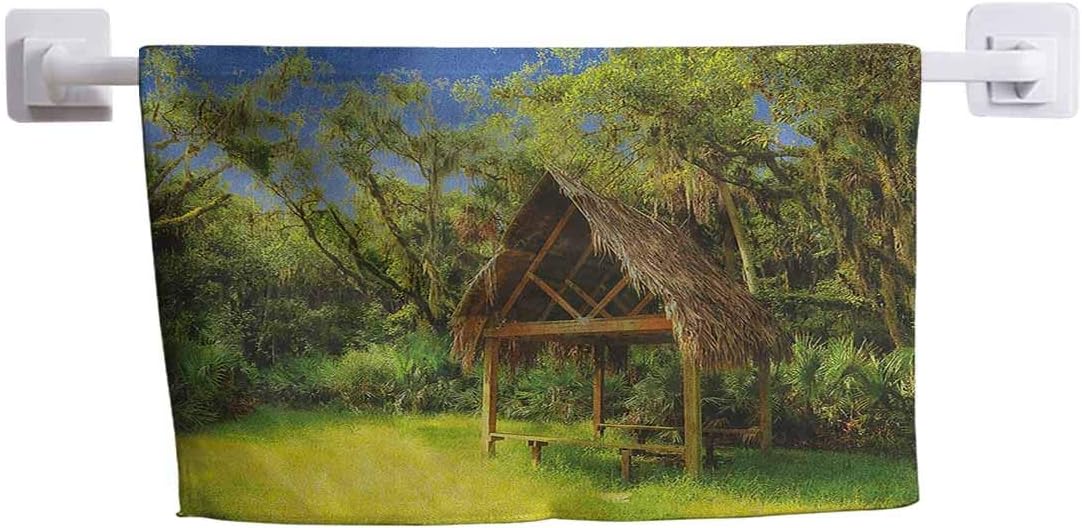 Pattern Towel Tiki Bar Hand Towel & Washcloth Tiki Hut in Dreamy Fantasy Forest Tropical Island Wildlife Greenery Art 20" x 40" Green Blue Brown