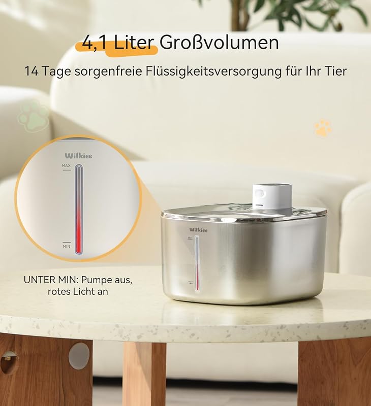 Katzenbrunnen Edelstahl Kabellos 4.1L mit Sensor 3 Modi & 4000mAh