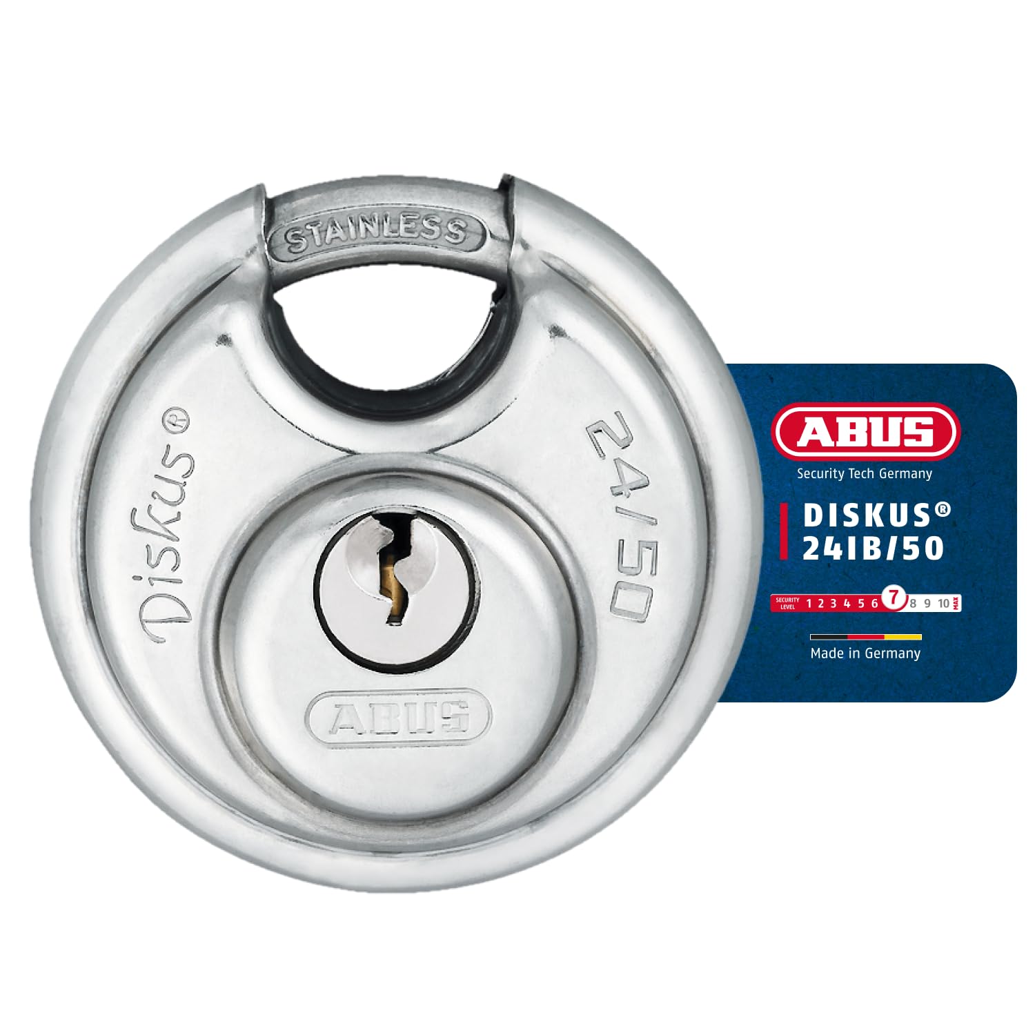 ABUS Diskus padlock 24IB/50 made of stainless steel – with 360° all-round protection – for securing against severe weather conditions – 20318 – ABUS security level 7 – silver