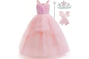 Xefenki Good Witch Glinda Costume Dress for Girls Halloween Cosplay Outfits With Crown Magic Wand and Gloves