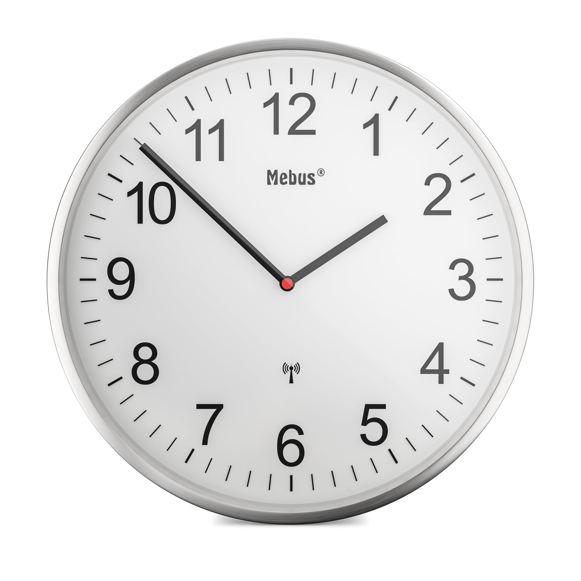Mebus Radio-Controlled Wall Clock Aluminium Frame and Classic Easy-to-Read Numbers/Colour/Silver, White/Model: 19411 30 cm Diameter — image 1