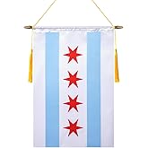 TMHTMH 18x12 Inch Chicago Wall Banner Flag,Wooden Hanging Pole and Double Satin Finish,USA Chicago City Hanging Flag,for House Room,School Classroom, Club and Door