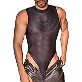 EHSUYAB Sexy Glossy Mens Lingerie Sheer, Snap Crotch Thong Leotard High Cut Muscle Suit, Mesh Rave Bodysuit Top Club Outfits