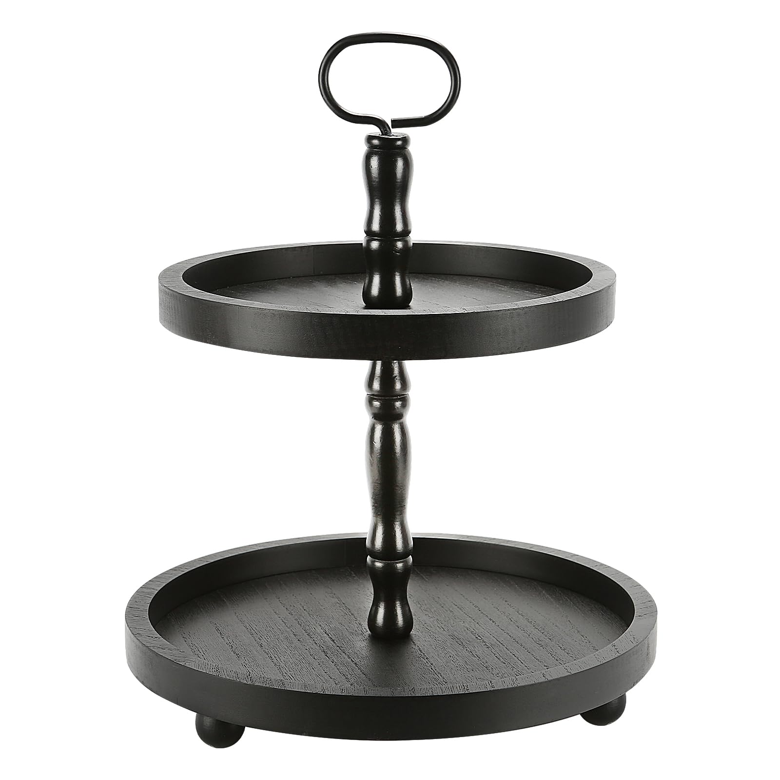 Photo 1 of Wooden Two Tiered Tray Stand, Farmhouse Round 2 Tier Decorative Tray for Home Kitchen Table Decor, Serving Tray for Coffee Bar Party Weddding Holiday Decorations Fruits and Cupcake Display (Black)