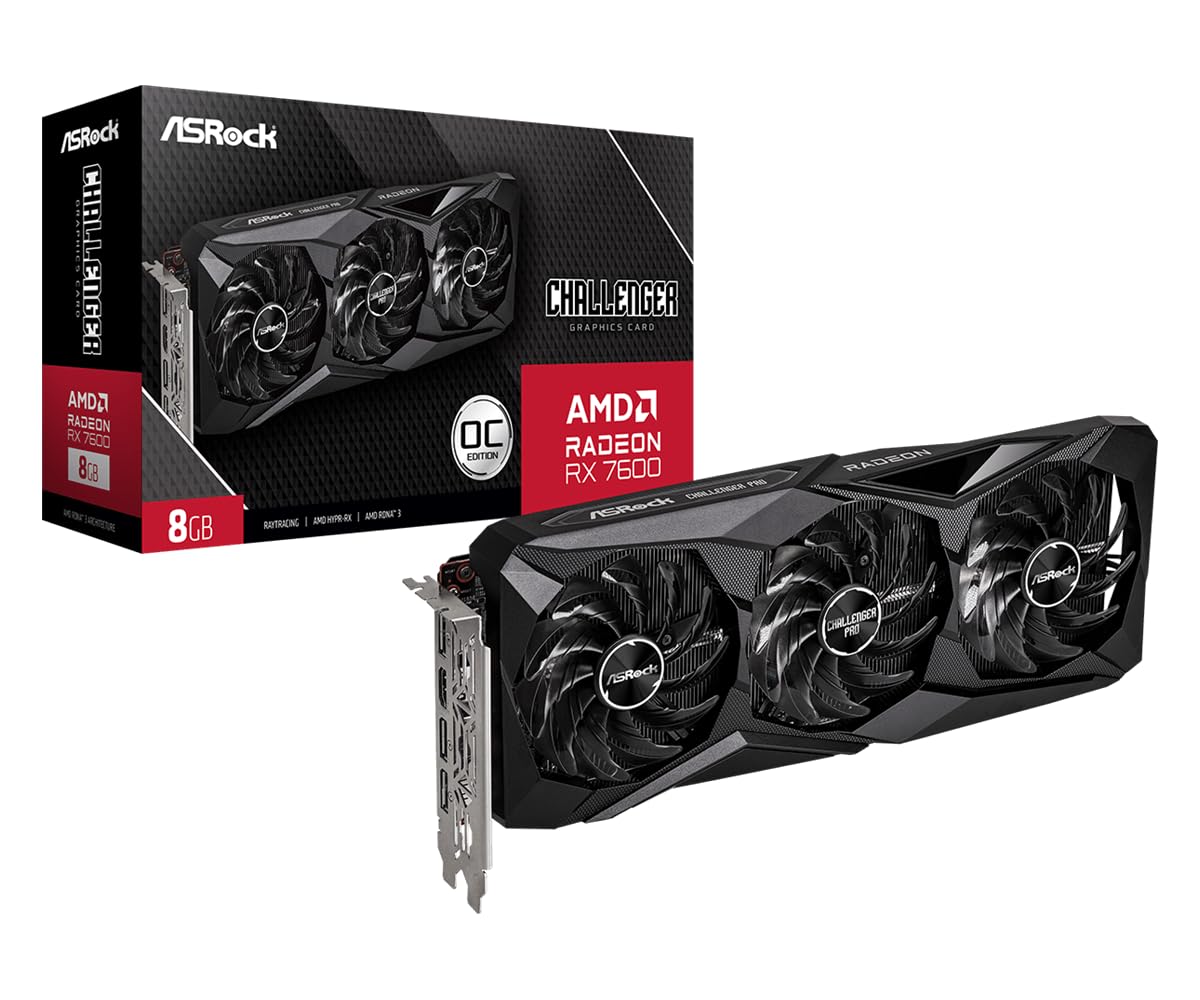 ASRock Radeon RX 7600 Challenger Pro 8GB OC, AMD RDNA 3, 8GB GDDR6, PCIe 4.0, Triple Fans, 0dB Silent, 2695MHz Boost, Triple
