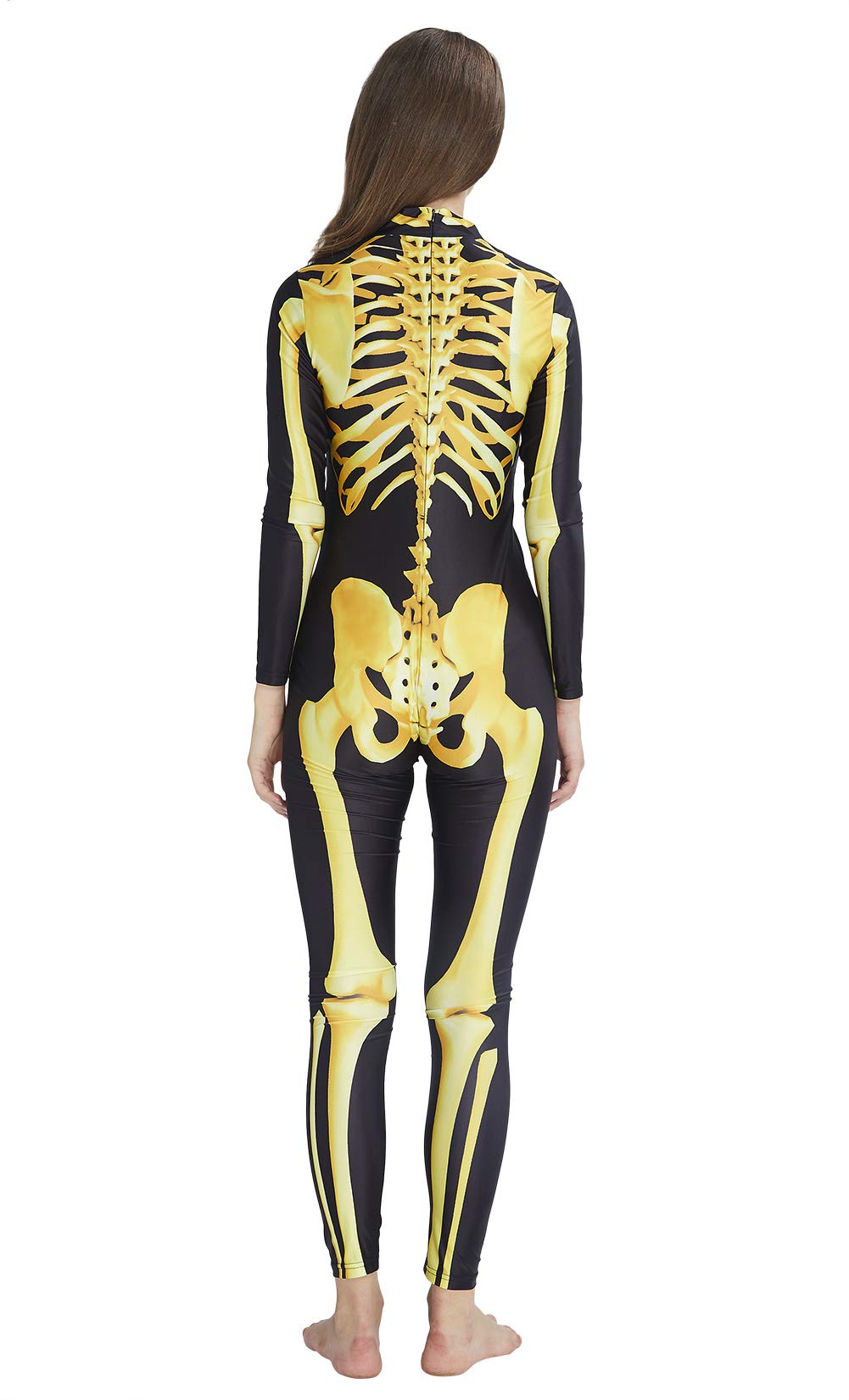 RAISEVERN Women\'s Halloween Jumpsuit Print 3D Digital Zombie Print Skeleton Bodysuit Slim Fit Gold Yellow Skull Costume Unique Tights Skin Suit Catsuit Jumpsuit for Holiday Night Party