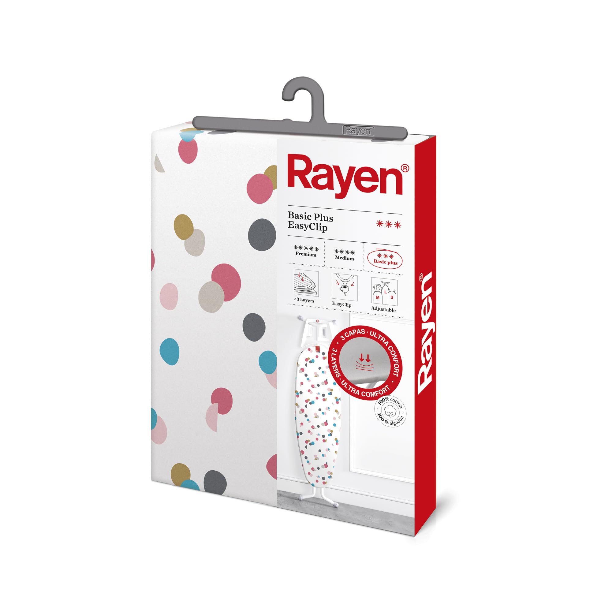 Rayen Ironing Board Cover (Universal, Padded, Easy-to-Fit with EasyClip) | Basic Plus Range | White with Confetti Pattern