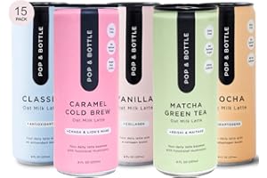Pop & Bottle, Oat Milk Lattes - Maca, Antioxidants, Ashwagandha, MCT Oil, Collagen, Mushrooms, Organic, Dairy & Gluten Free, Great as Iced Coffee, Lightly Sweetened with Dates - 8 Fl Oz (15 Pack)