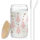 BEHIFL Christmas Tree Snowflakes Decor Coffee Glass Cup With Lid And Straws 14oz,Xmas Tree Drinking Glasses Coffee Cups Water Bottles Gift For Women Kids Men