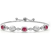 Gem Stone King 925 Sterling Silver Pink Tourmaline and White Lab Grown Diamond Bracelet For Women | 3.95 Cttw | Gemstone October Birthstone | Oval 7X5MM | Fully Adjustable 9 Inch