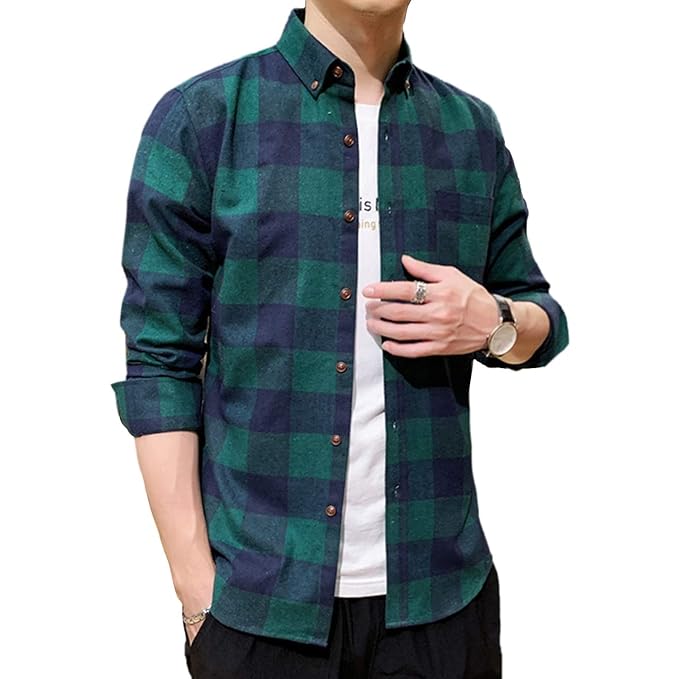 [ポップレオン] メンズシャツ シンプル ベーシック トップス 長袖 チェック カジュアル ボタン シャツ 大きいサイズ ボタンダウン スタンドカラー メンズ カッターシャツ スタンドカラー 柄 カジュアルシャツ 重ね着 インナー 綿 防寒 保温 インナーシャツ 前開き 大きい ゆったり アウター スリム 春 夏 秋 冬 春秋 秋冬 厚手 夏用 夏物 秋物 秋用 冬物 冬用 春用 春物 メンズ 緑 L