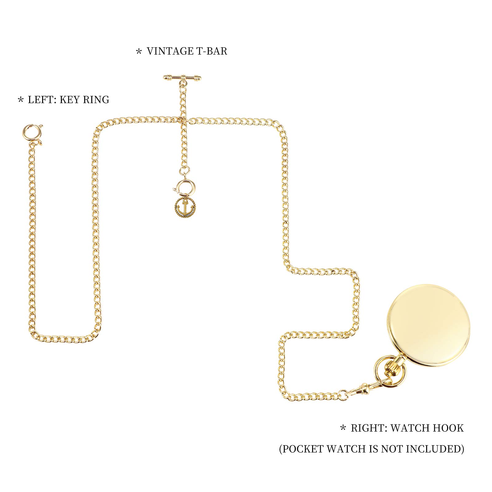 TREEWETO Men's Double Albert Chain Pocket Watch Curb Link Key Chain 3 Hooks with Antique Anchor Pendant Design Charm Fob T Bar