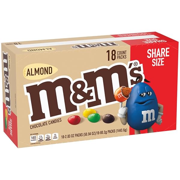 M&M’S ALMOND CHOCOLATE CANDY, FULL SIZE 2.83 OZ BAG, PACK OF 18 BULK CANDY CHOCOLATE
