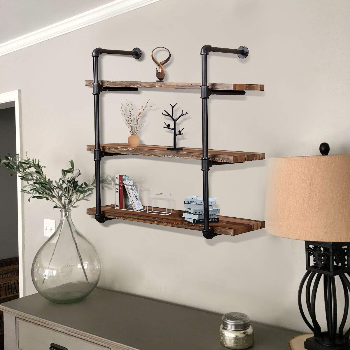 2-Pack Industrial Pipe Shelf Bracket, 3-Tier Wall Mounted Iron Shelving Bracket Vintage Black for DIY Shelf Office Room Kitchen (Plank Not Included): Home Improvement