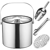 3L Double-Wall Insulated Ice Bucket with Lid, Ice shovel &Tongs and Strainer, Stainless Steel Ice Bath Tub with Silicone Sealed Lid for Wine, Ice Buckets for Parties, Wine Chiller, Light Sliver