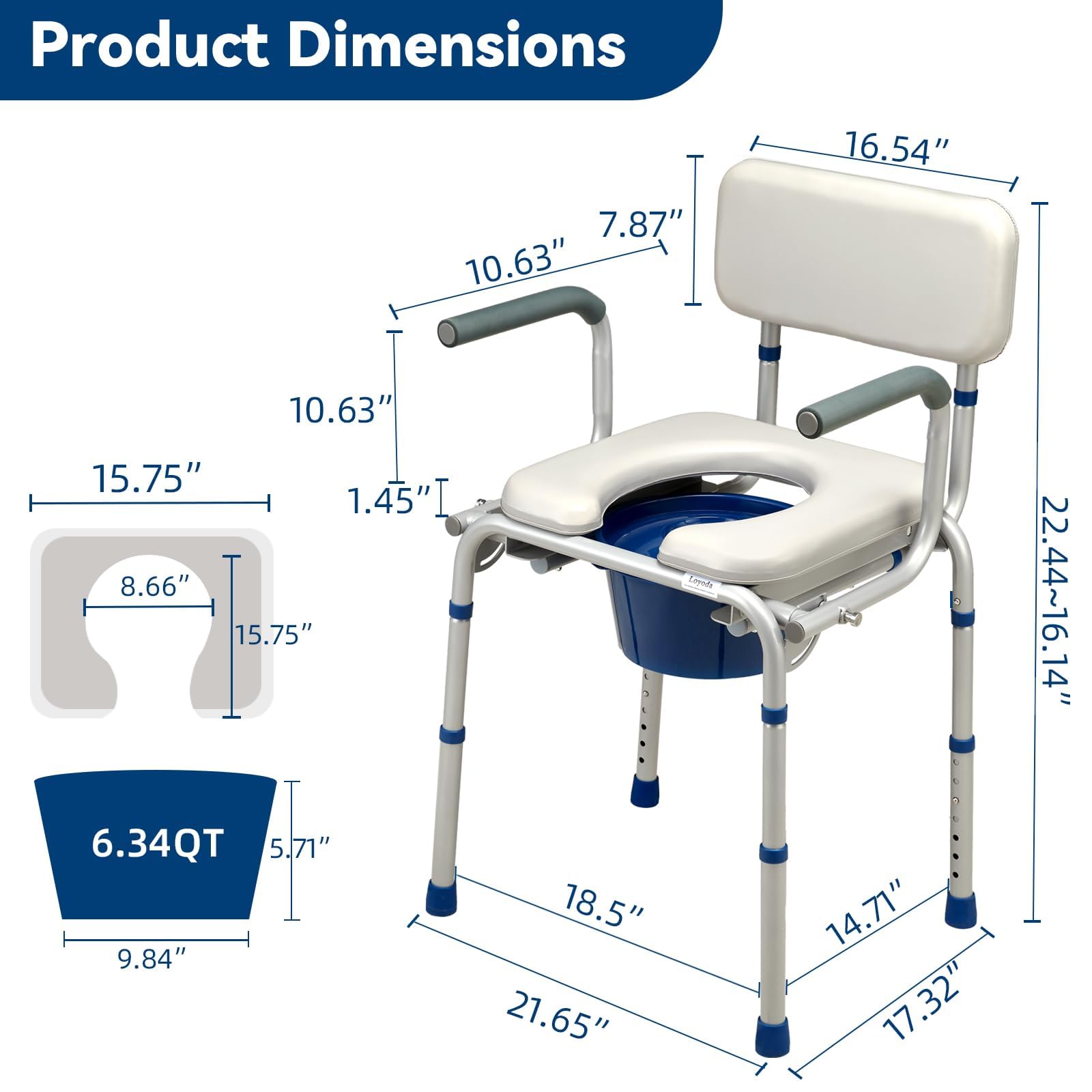 Drop Arm Bedside Commode, Commode with Padded Seat and Backrest, 500lbs Capacity, 5.81QT Removable Bucket, Adjustable Height Portable Toilet for Adults, Gray