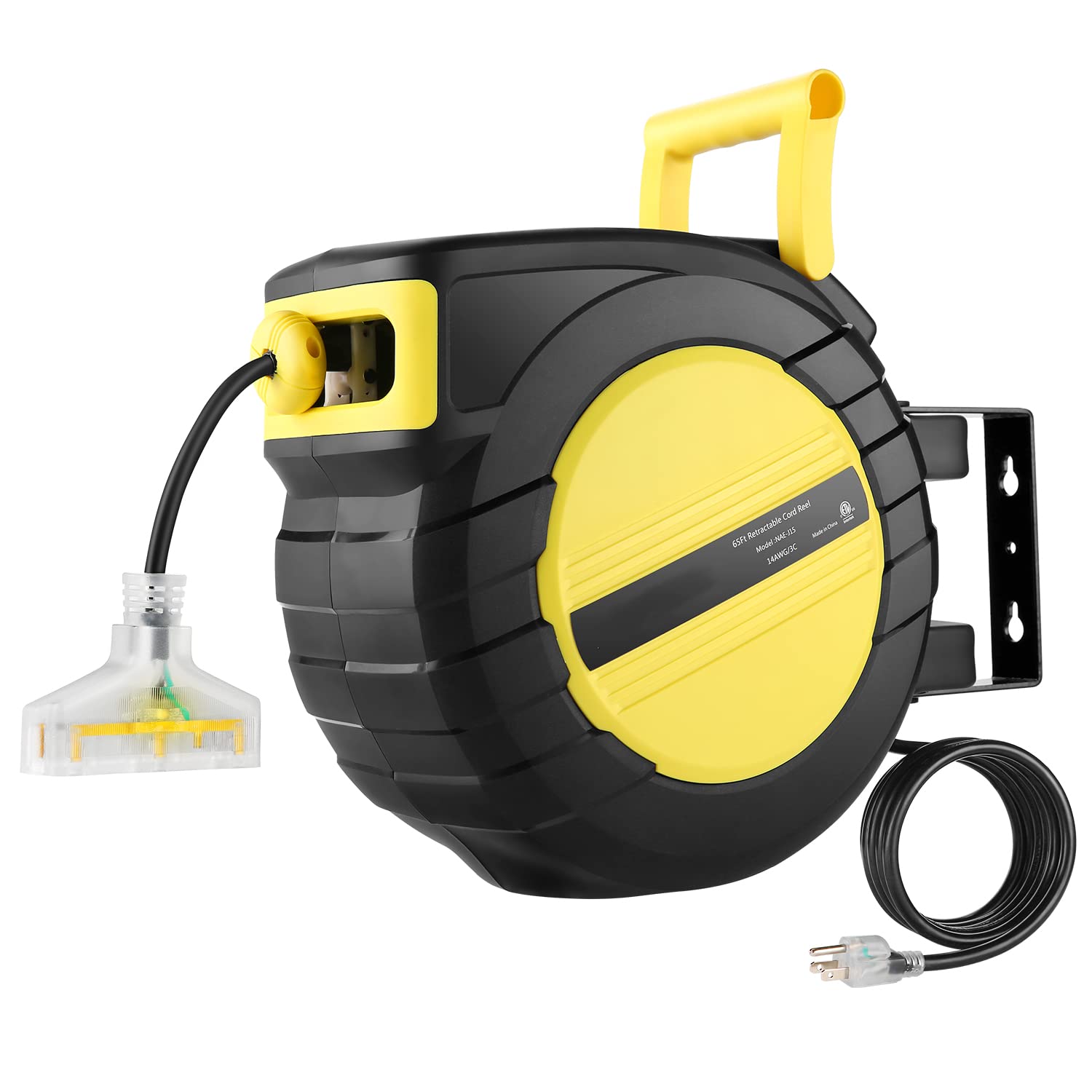 Homdox 65 FT Extension Cord Reel, 14 AWG Retractable Power Cord Reel, Ceiling/Wall Mount Electric Reel for Large Garage, 3 Outlets, 13A Circuit Breaker, UL Listed