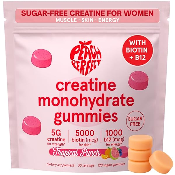 PEACH PERFECT CREATINE MONOHYDRATE GUMMIES FOR WOMEN & MEN, BOOST FOCUS, STRENGTH, AND ENDURANCE, VEGAN, GLUTEN-FREE, NON-GMO, 5 GRAMS OF CREATINE PER SERVING, 30 SVG, TROPICAL PUNCH