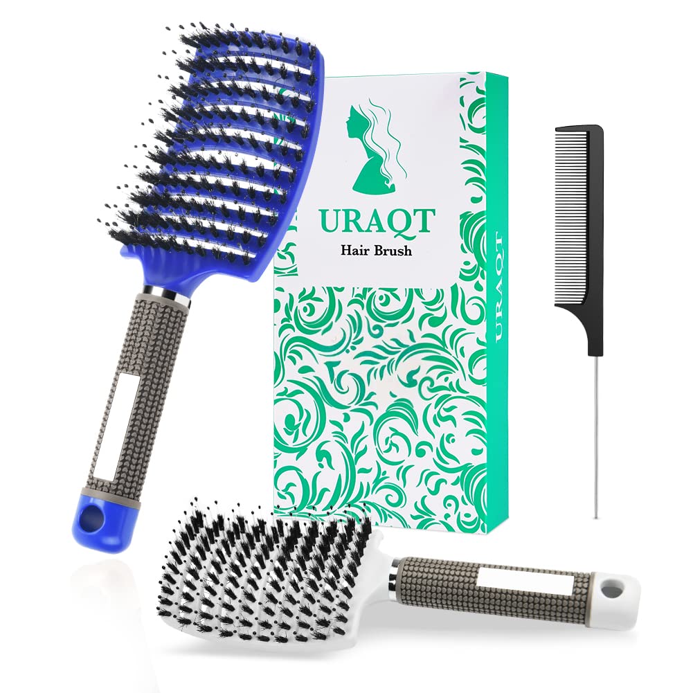 URAQT Hair Brush, 2 Pcs Boar Bristle Paddle Hairbrush with Tail Comb, Soft Massage Vent Brush for Men Women, Detangle Hair Brush for Long Thick Curly Hair, Reducing Hair Breakage (Blue & White)