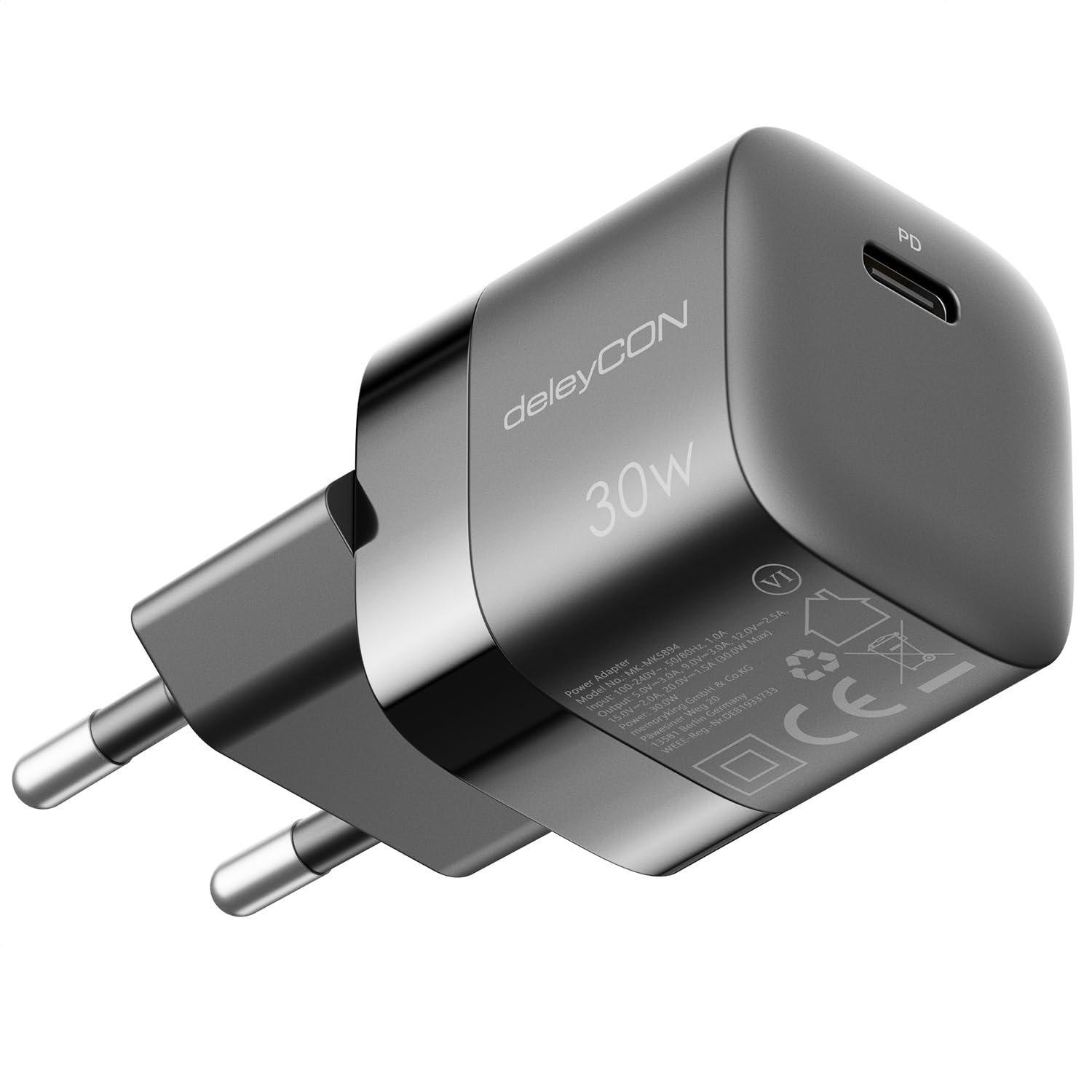 deleyCON USB C Ladegerät (Kompaktes 30W Schnellladegerät) USB-C Netzteil für Apple iPhone 17, 16, 15, Pro, Pro Max, iPad, AirPods 4, Airpods Max, Watch, Galaxy S25/S24, Handy, Charger - Schwarz